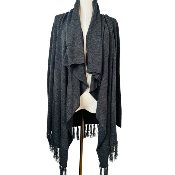 Vintage Suzie Gray Large Fringe Cardigan Sweater Open Front - Picture 1 of 10